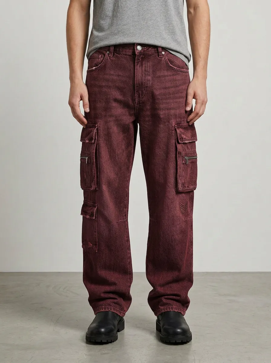 Men's Mid-Blue Distressed Mid Blue Zip Utility Pocket Cargo Pants