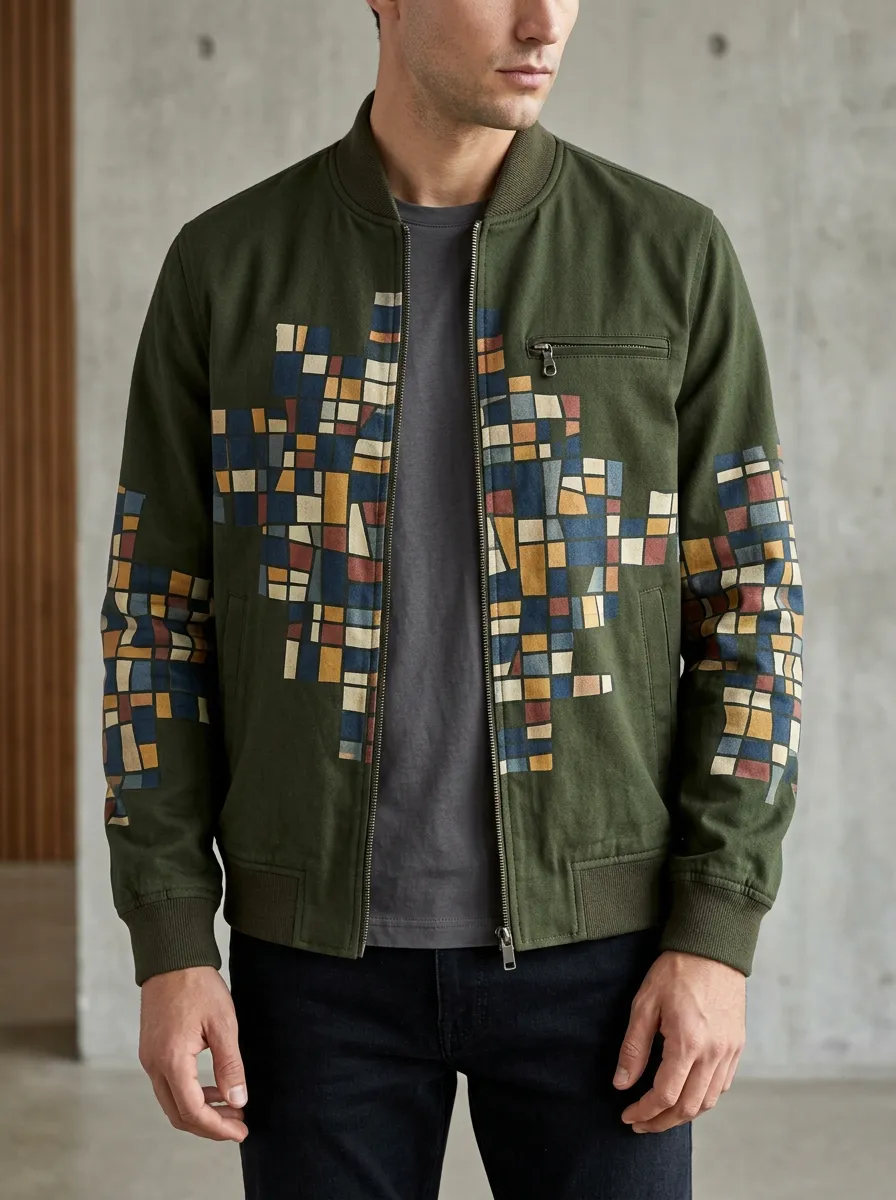Men's Abstract Geometric Art Printed Bomber Jacket