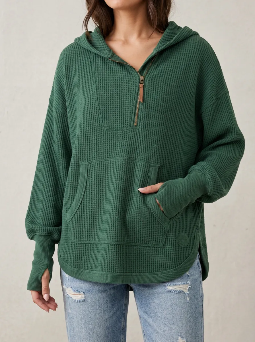 Women's Green Waffle Knit Quarter-Zip Hooded Pullover Top