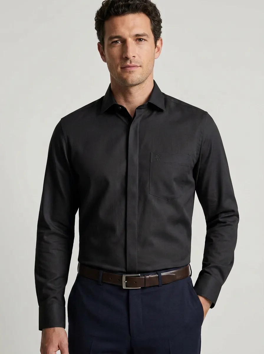 Men's Non-Iron Cotton Compass Logo Embroidered Dress Shirt