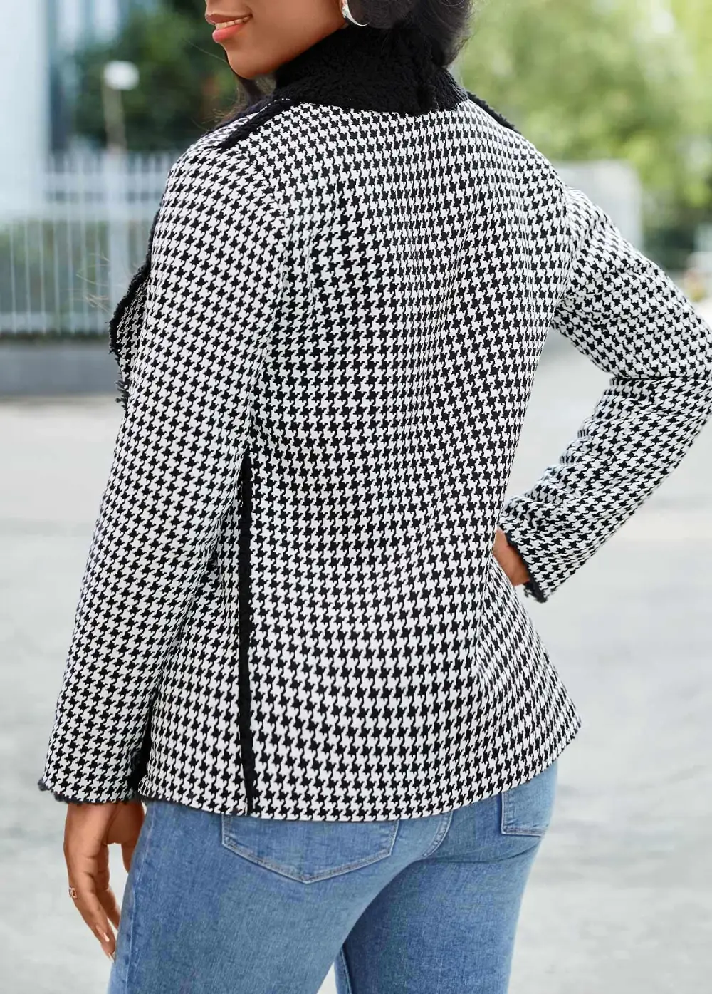 Black Patchwork Plaid Long Sleeve Lapel Coat