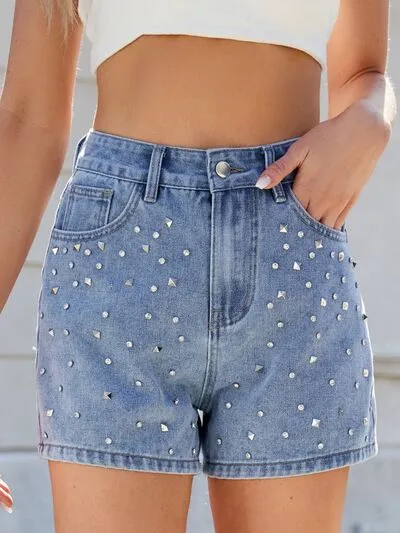 Rhinestone Washed High Waist Shorts Denim Pants