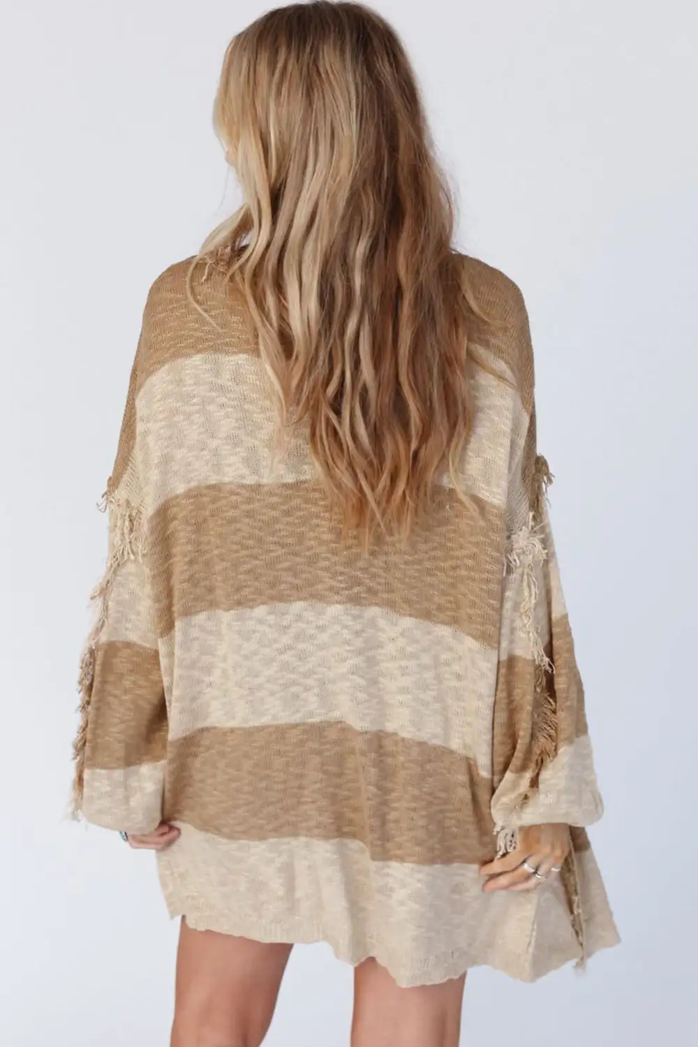 Lantern Sleeve Fringed Open Cardigan