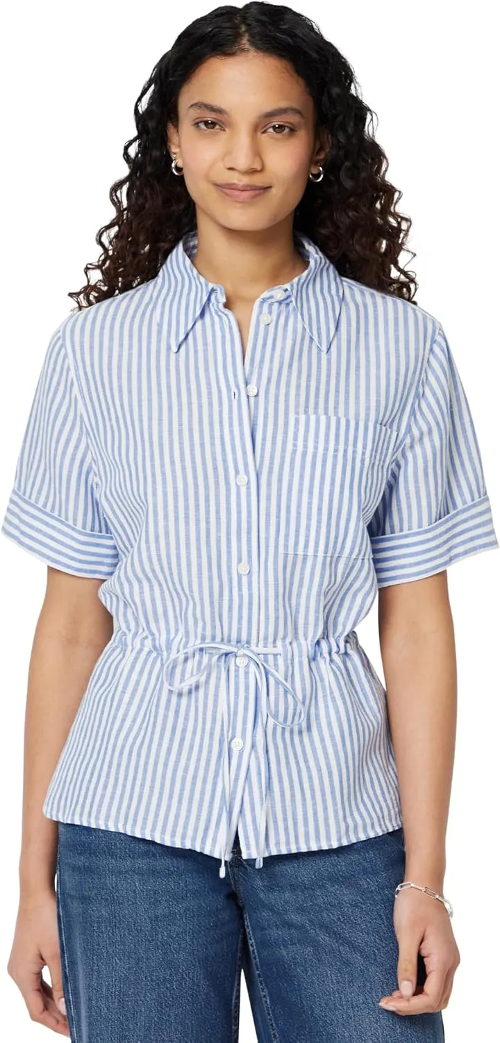 Amazon Essentials Women's Relaxed-Fit Linen Blend Wide Sleeve Shirt with Adjustable Waist