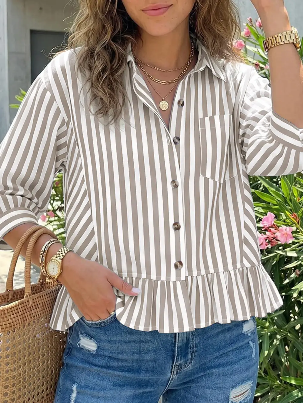 Stripe Button Three Quarter Sleeve Shirt