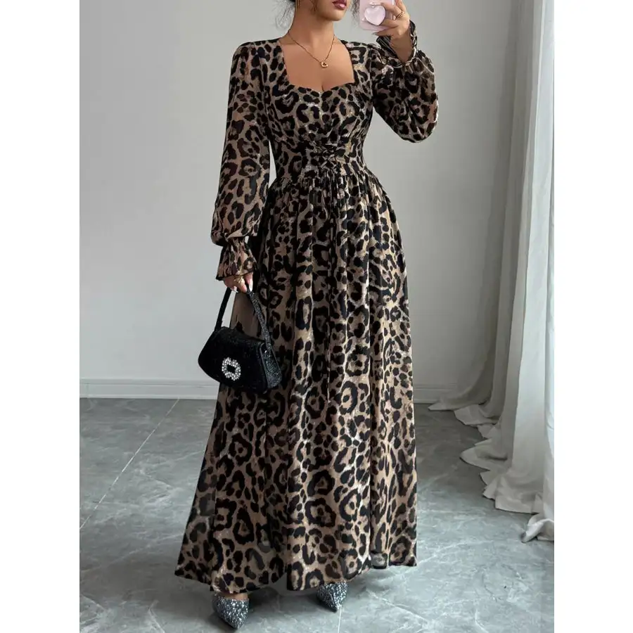 Leopard Sweetheart Neck Flounce Sleeve Maxi Dress
