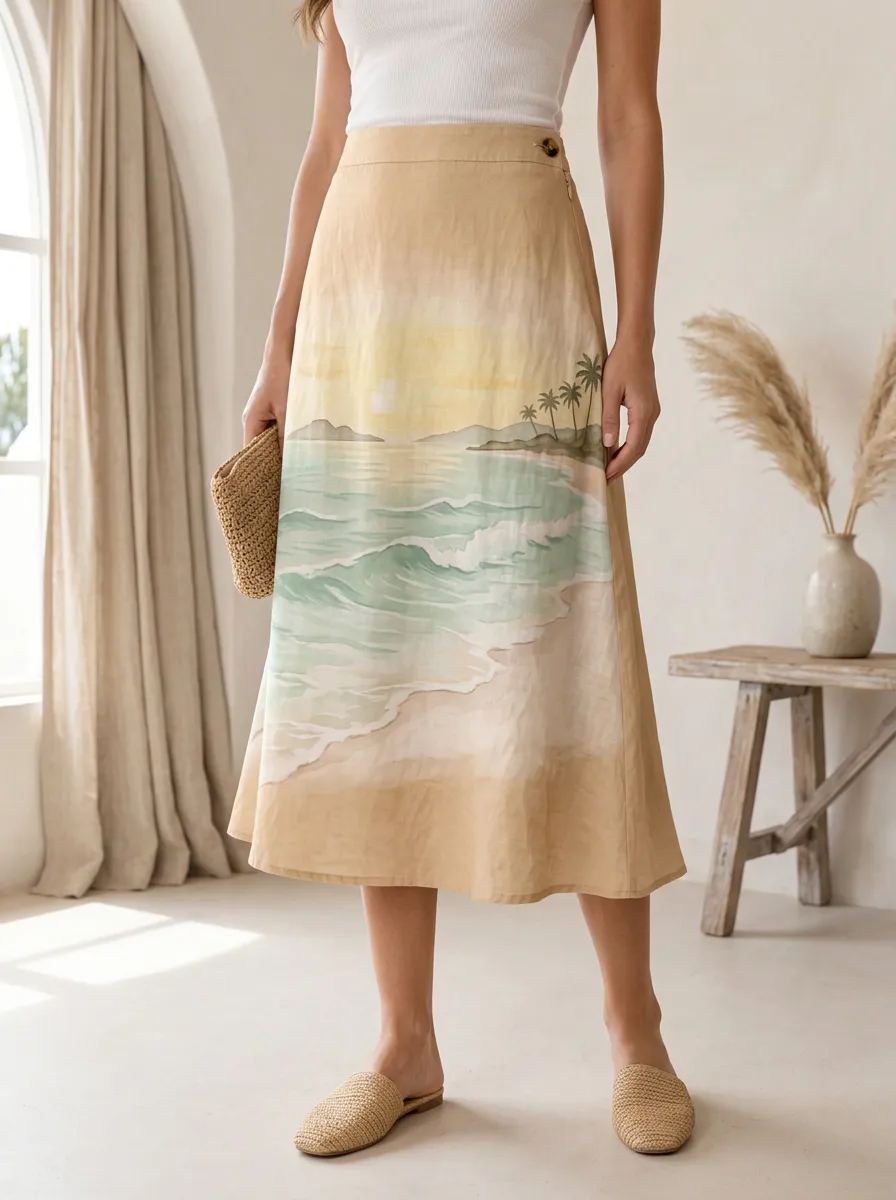Women's Scenic Print A-Line Midi Skirt