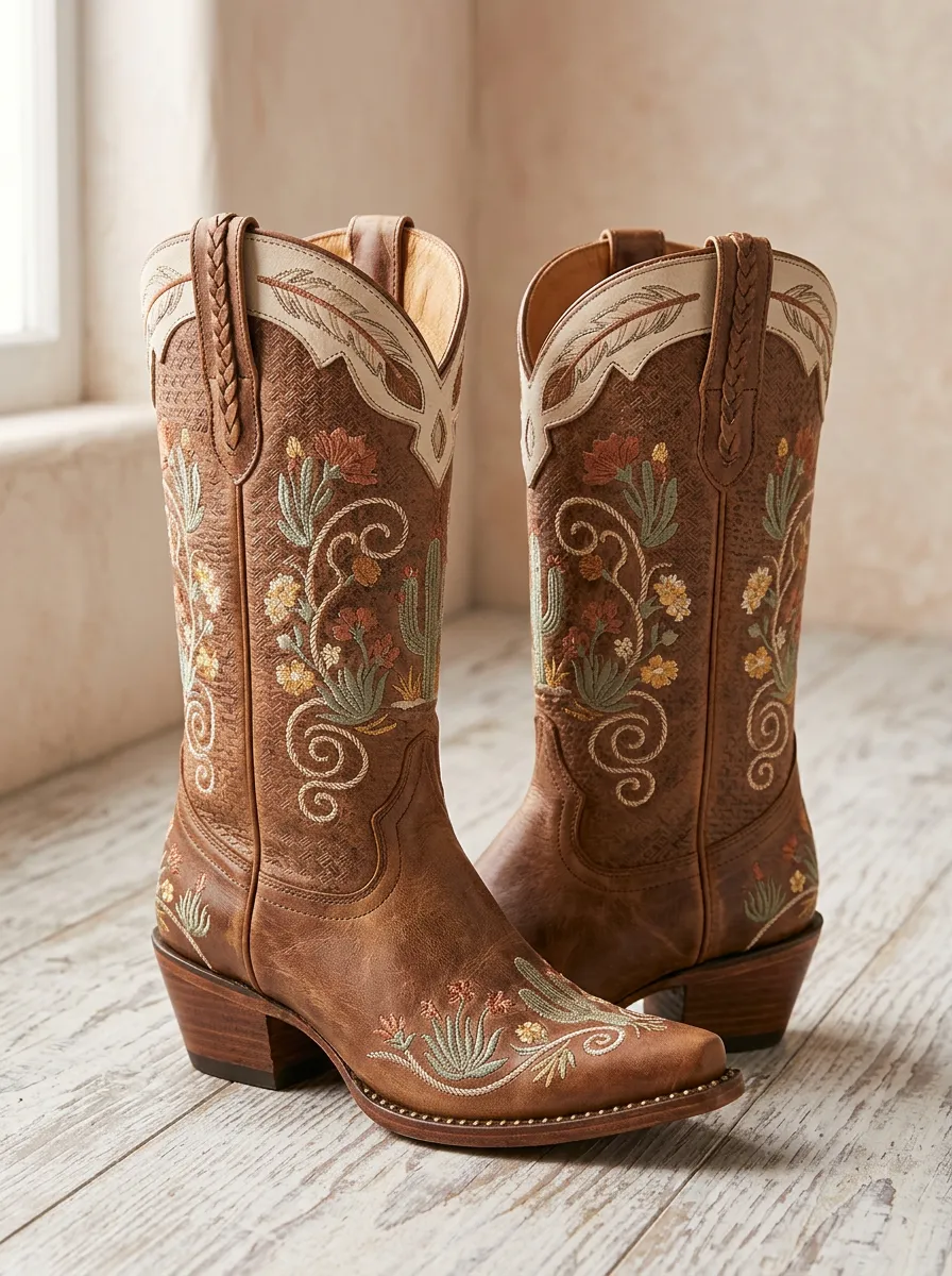 Frontier Cactus Floral Embroidered Classic Look Unisex Western Cowboy Boots