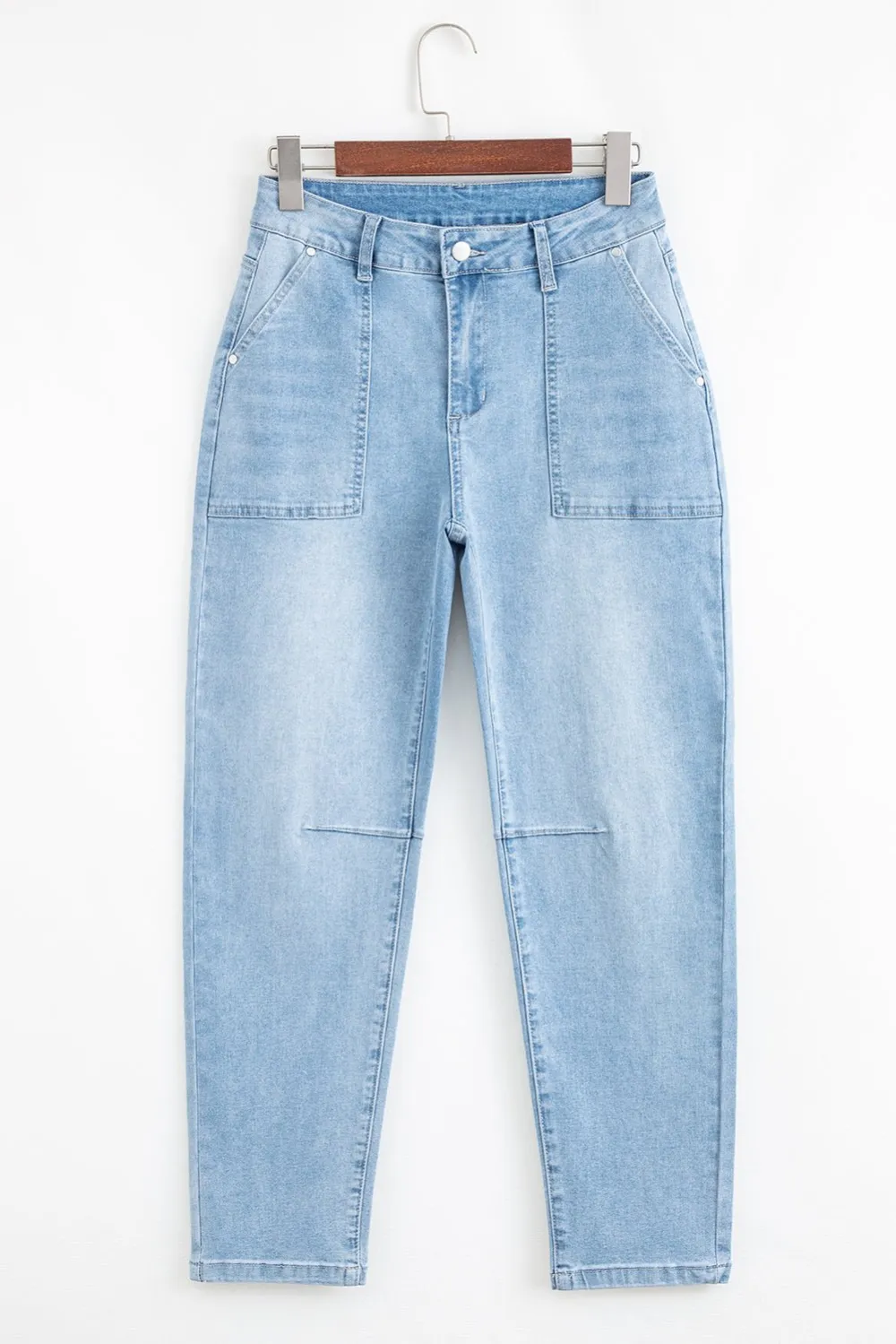 High Waist Relaxed Fit Patch Pocket Casual Jeans