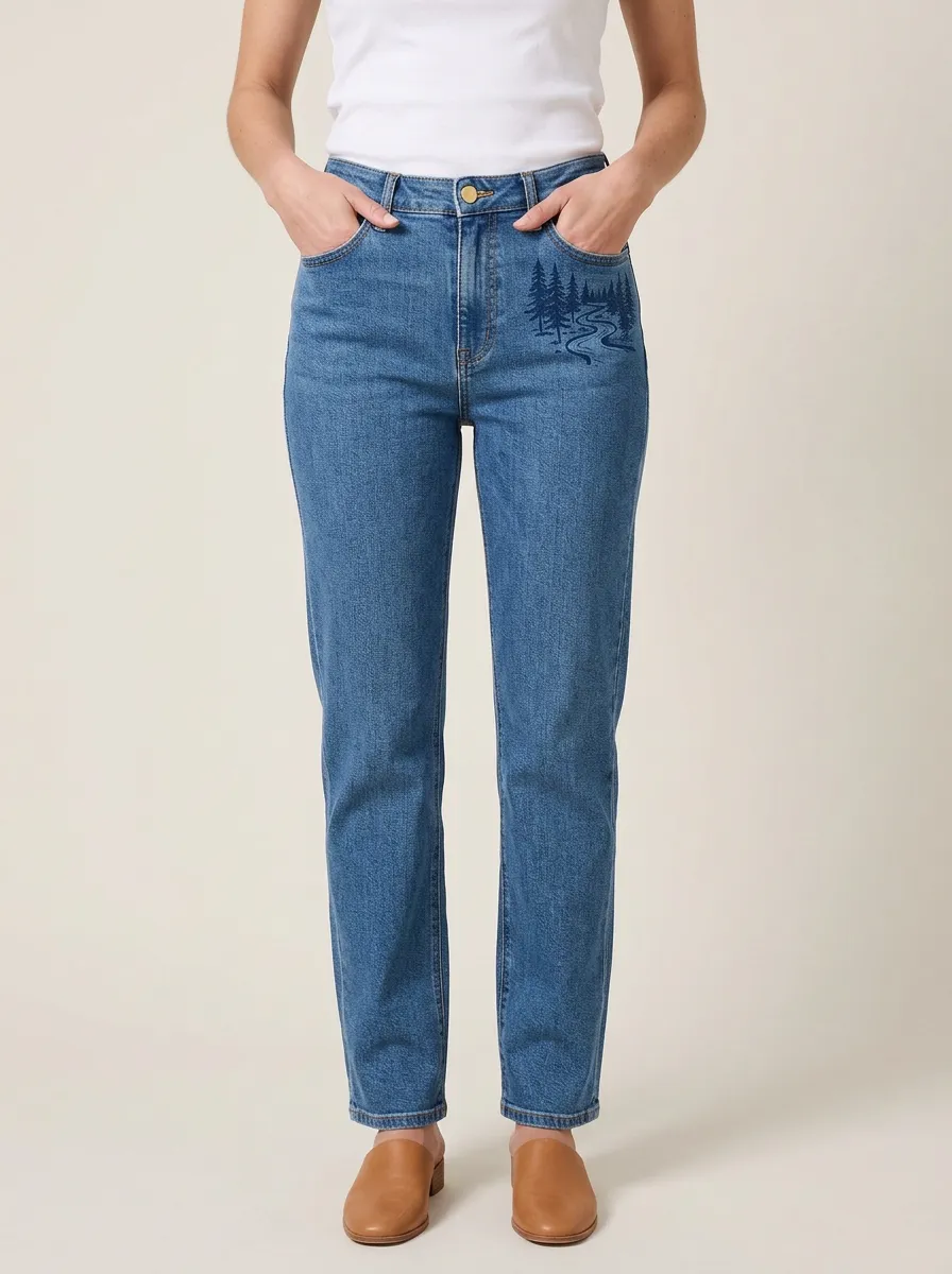 Women's Pine Forest River Graphic Left-Hip High-Rise Straight-Leg Jeans
