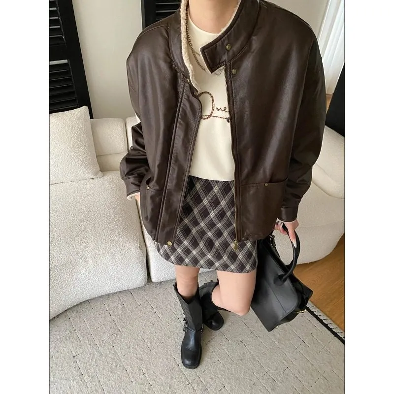 Stand-Collar Leather Fleece Casual Outerwear Jacket