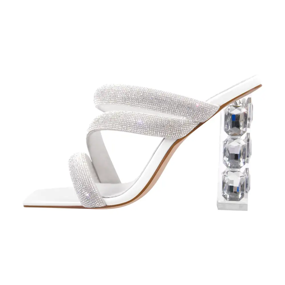 Rhinestone Strappy Slip On Chunky Heel Sandals