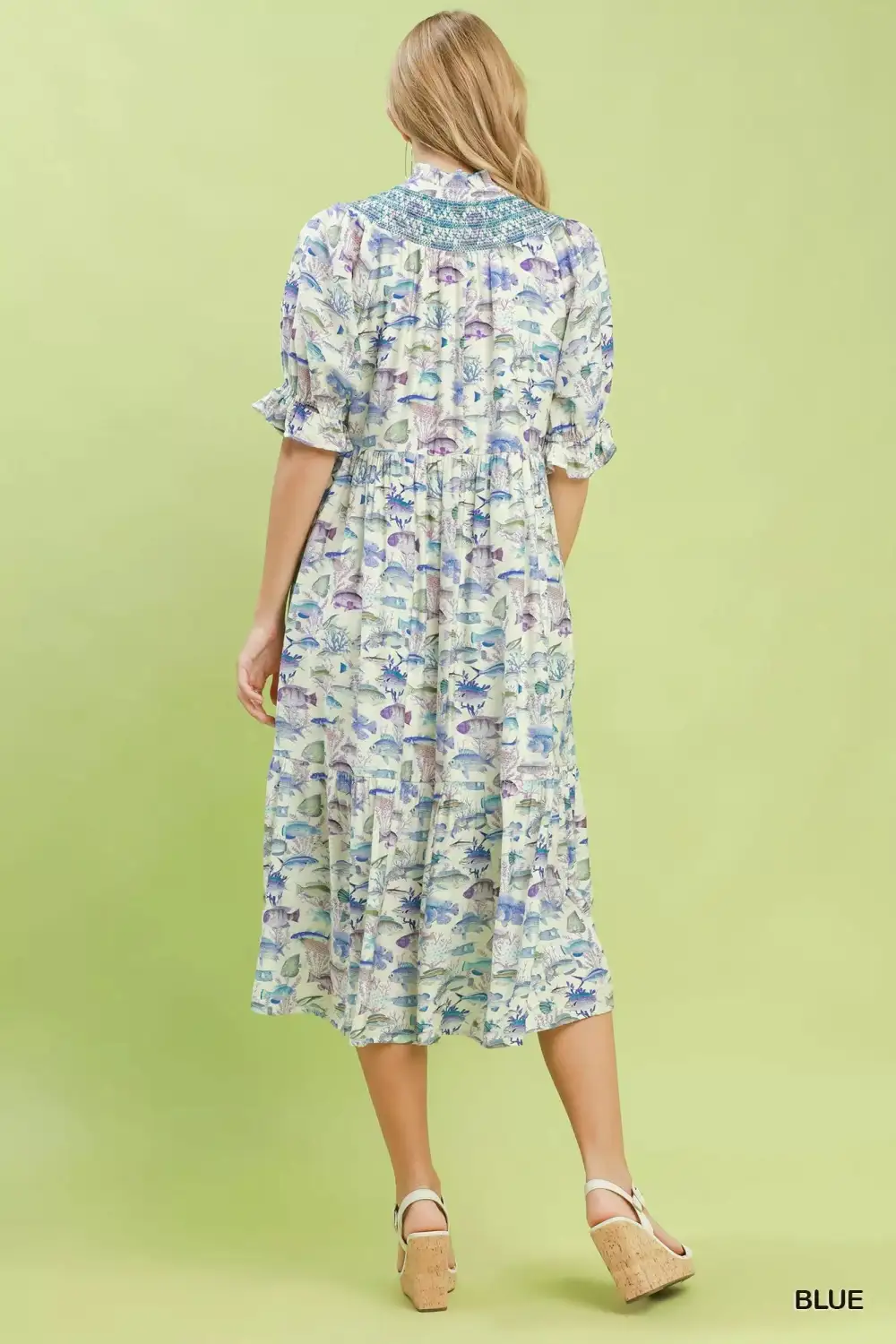 V-Neck Tiered Smocked Pocketed Midi Dress