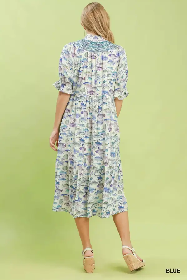 V-Neck Tiered Smocked Pocketed Midi Dress