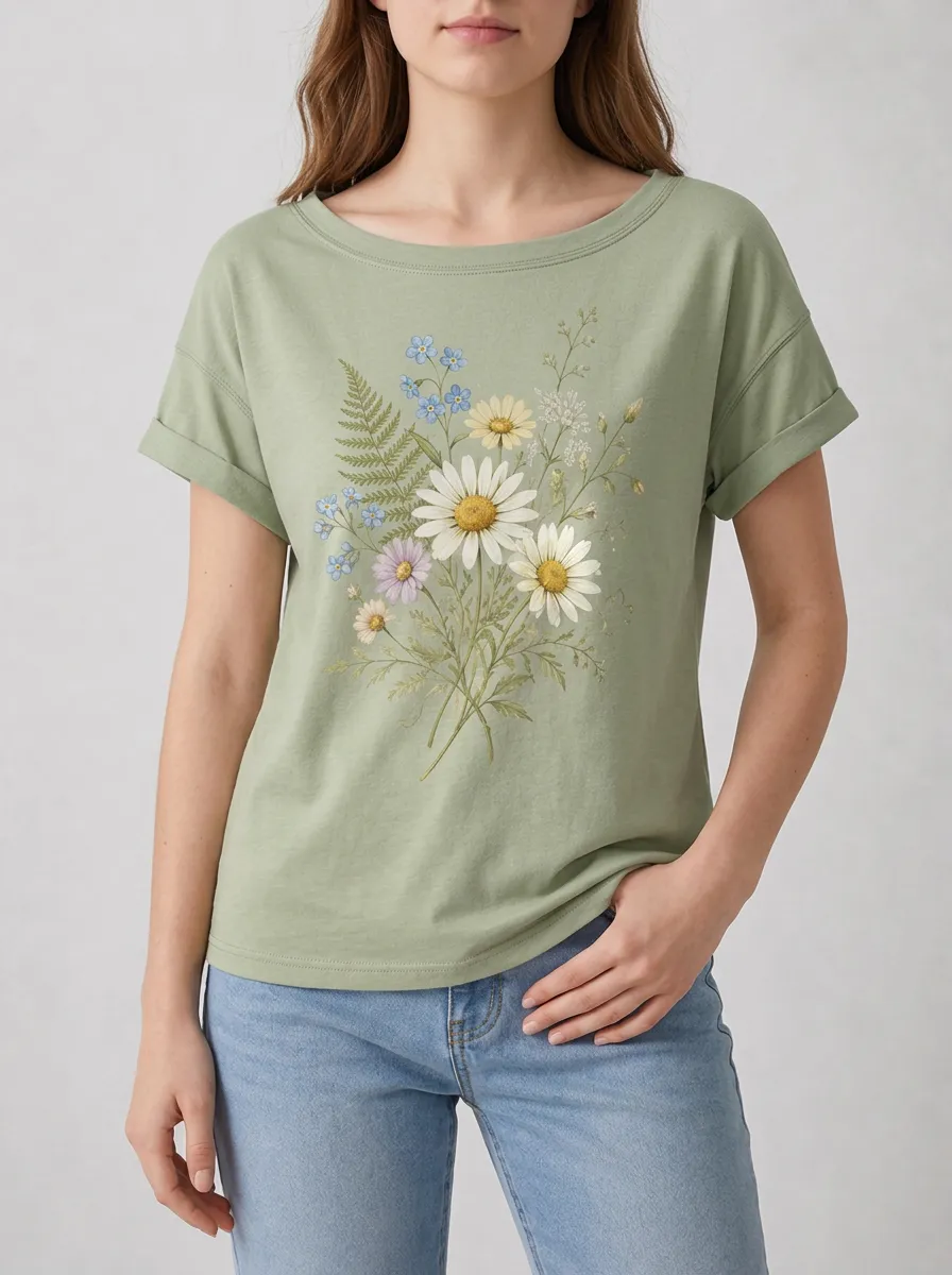Women's Floral Graphic T-Shirt Rolled-Cuff