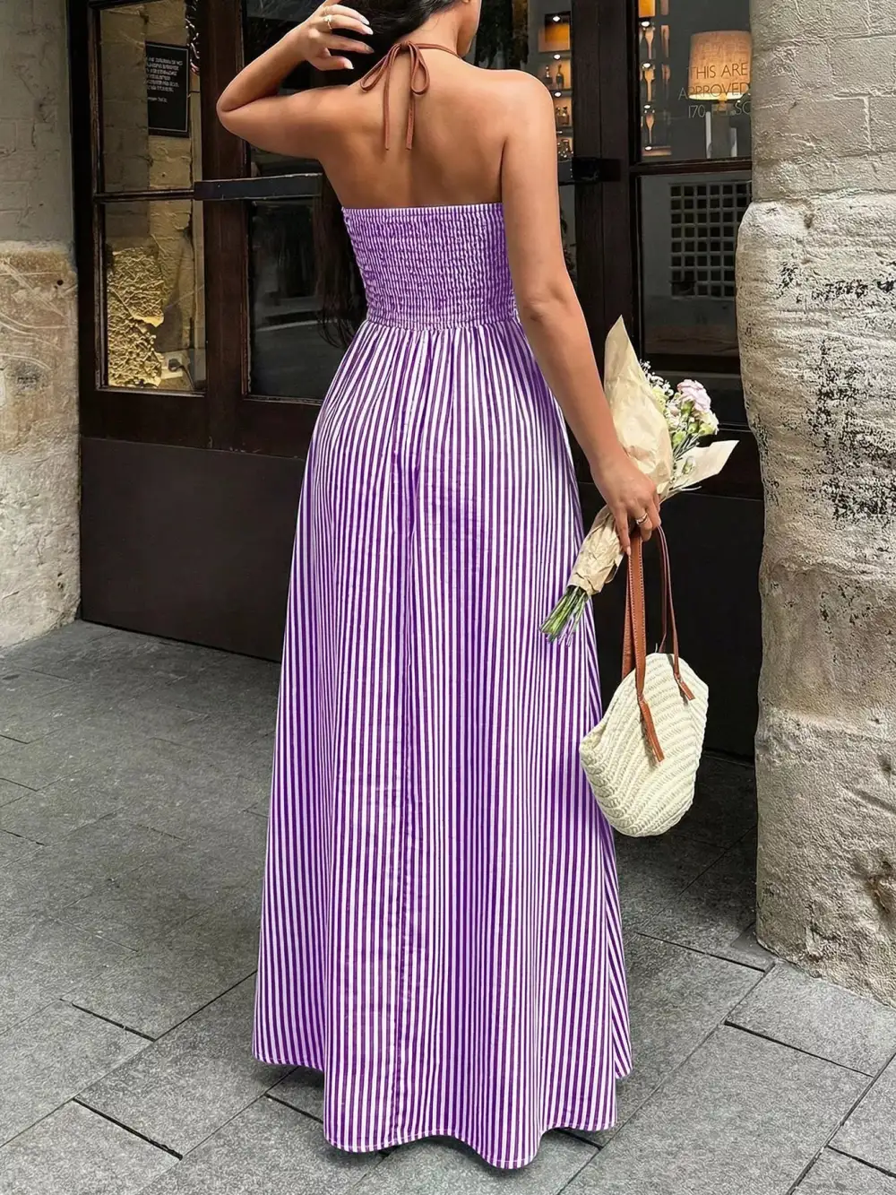 Classic Striped Halter Neck Maxi Dress