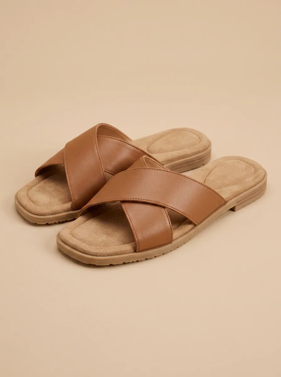 Women's Casual Summer Tan Faux Leather Crisscross Flat Sandals