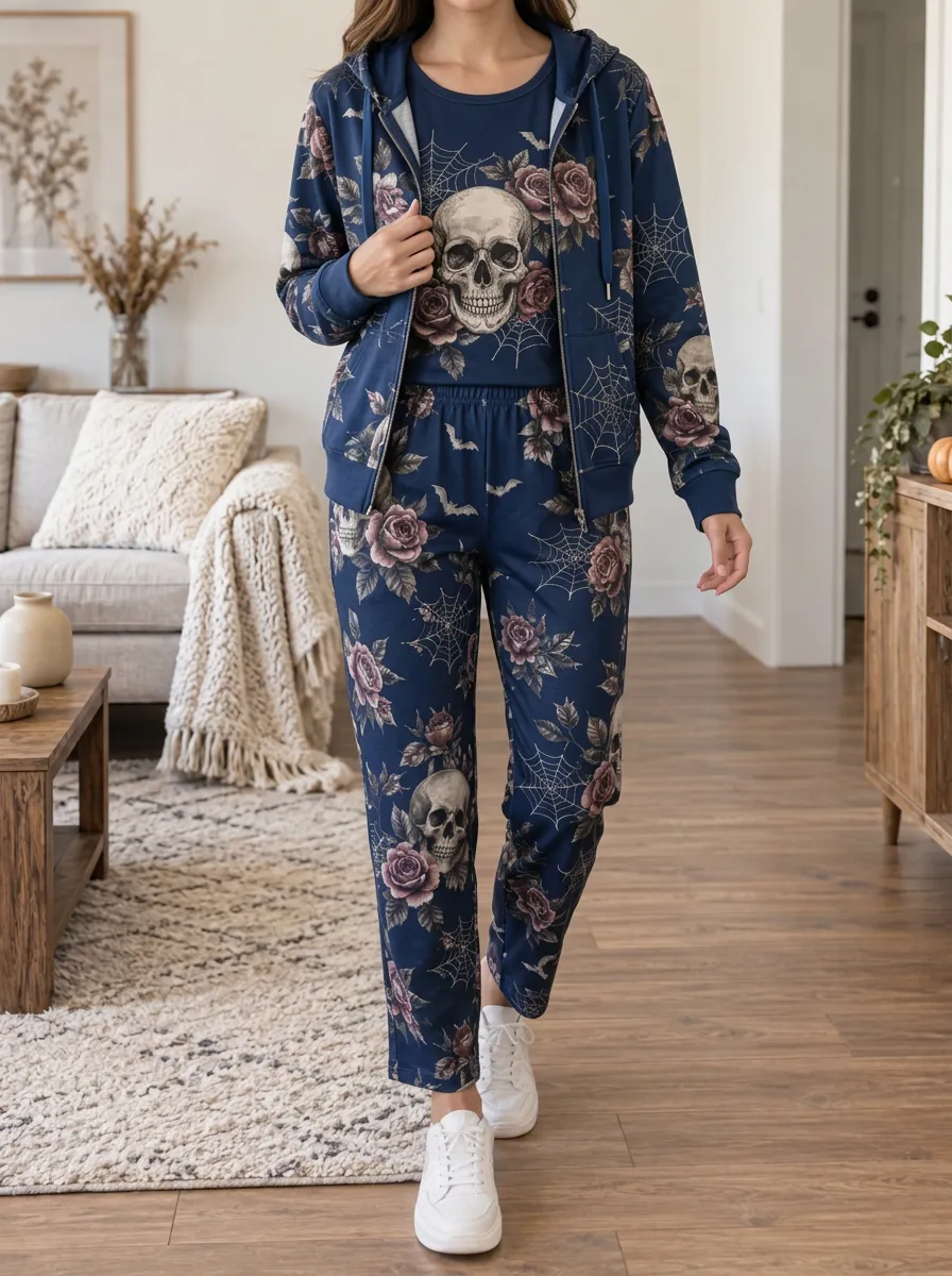 Women's Halloween Gothic Skull Rose Spiderweb Straight-Leg Lounge Set