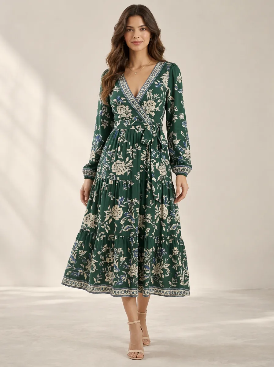 Women's Floral Modern Style V Neck Long Sleeve Printed Dress