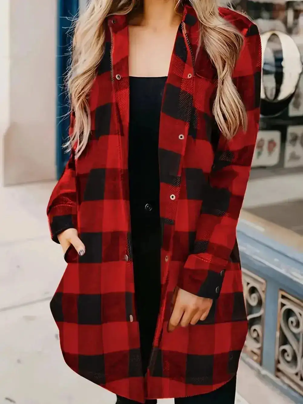 Plaid Snap Front Collared Pocketed Casual Jacket