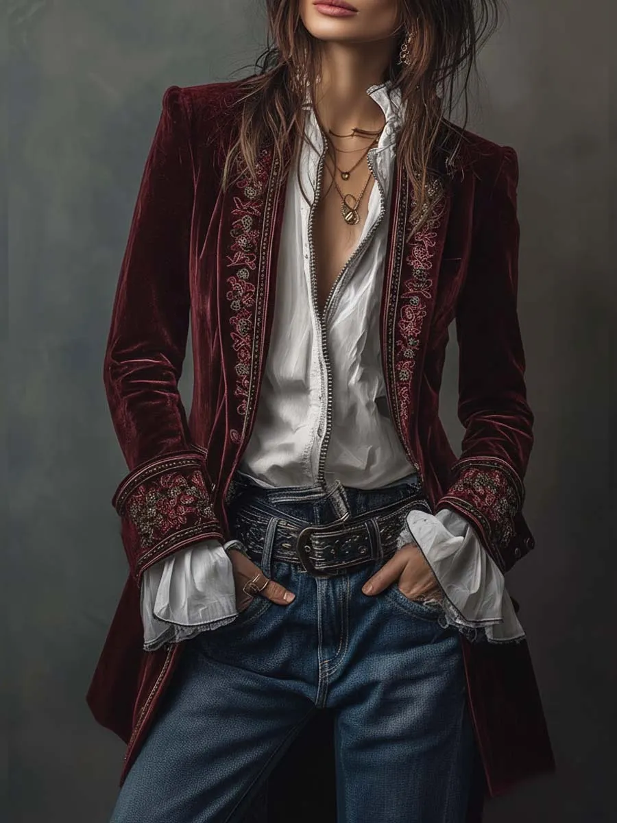 Open-Front Lapel-Collar Velvet Vintage-Inspired Tailored Jacket