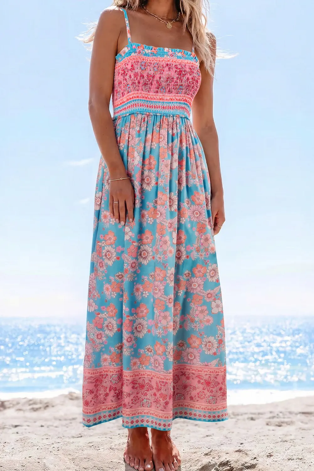 Blue Printed Strappy Maxi Dress