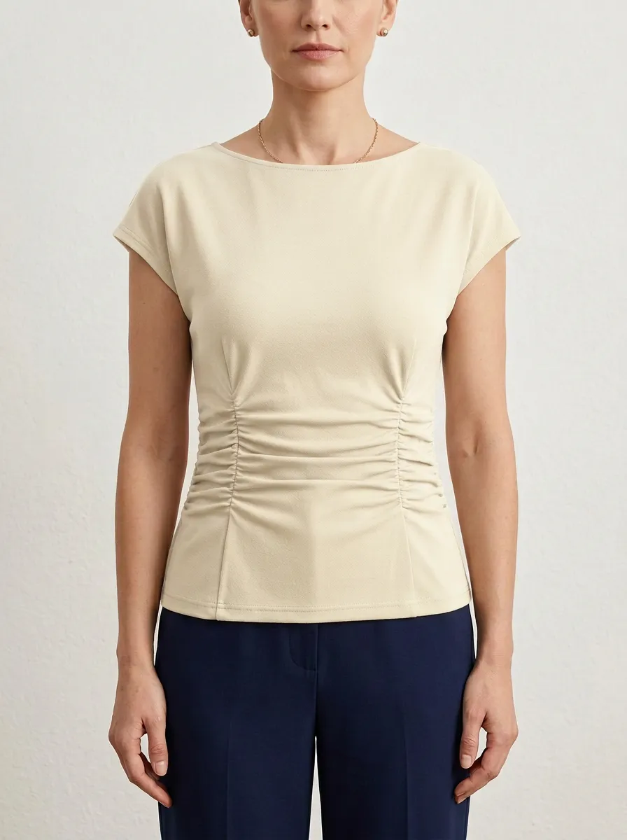 Waist-Ruched Ruched Cap-Sleeve Fitted Top