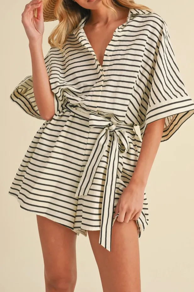 Black White Stripe Oversized Tie Waist Romper