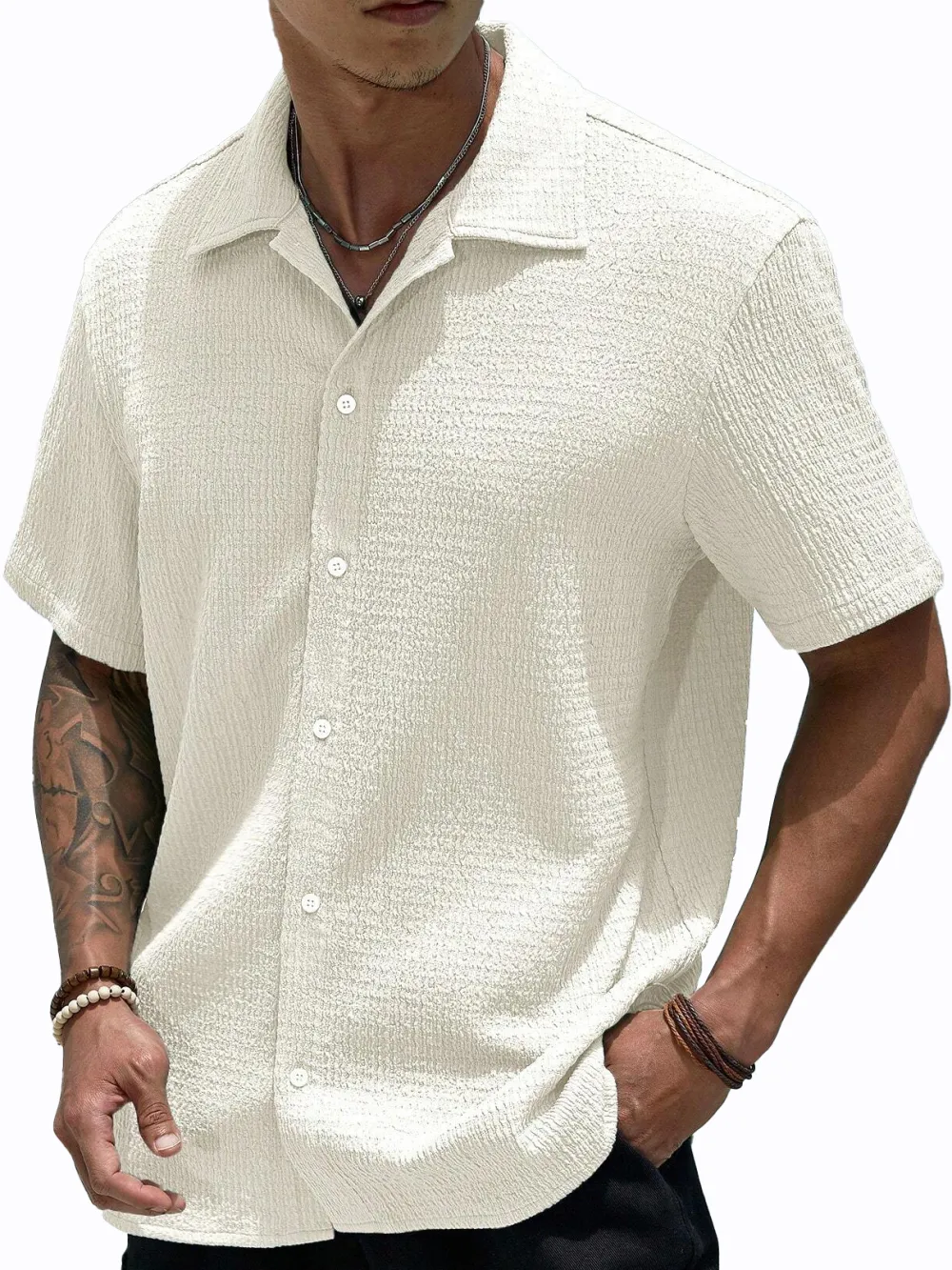 Short Sleeve Open Collar Pleated Front Shirt