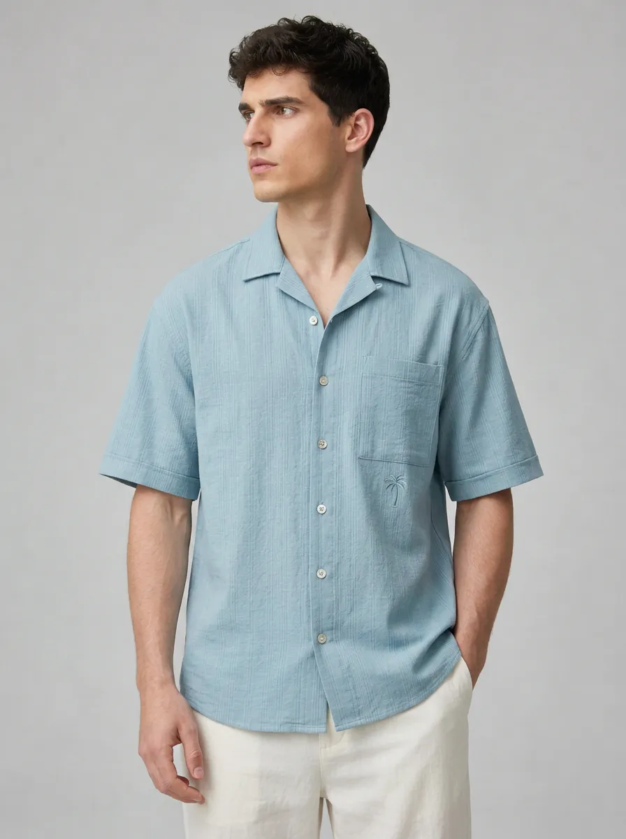 Men's Summer Beach Tropical Palm Tree Embroidered Breathable Shirt