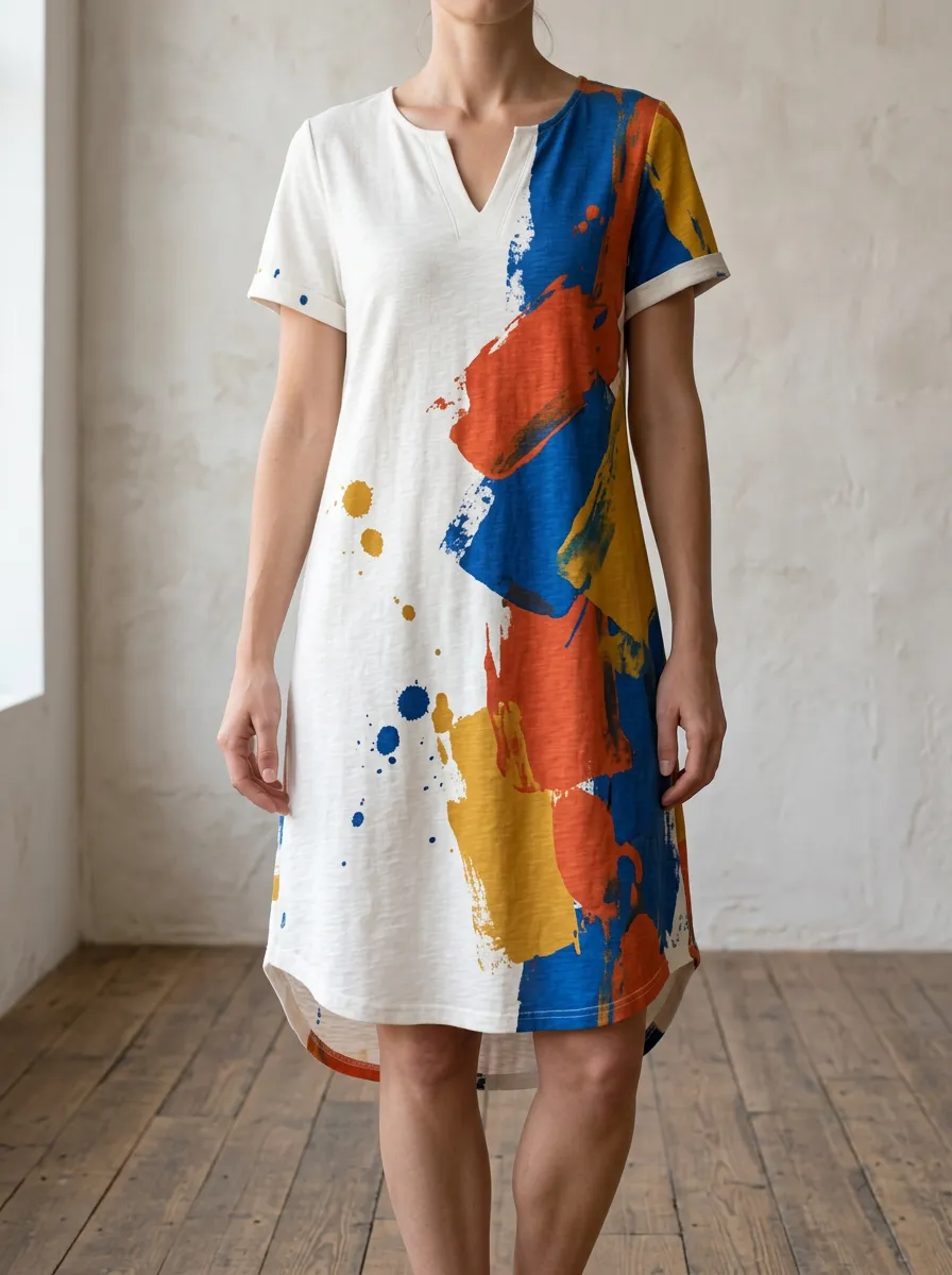 Women's Mini Abstract Print V-Neck T-Shirt Dress
