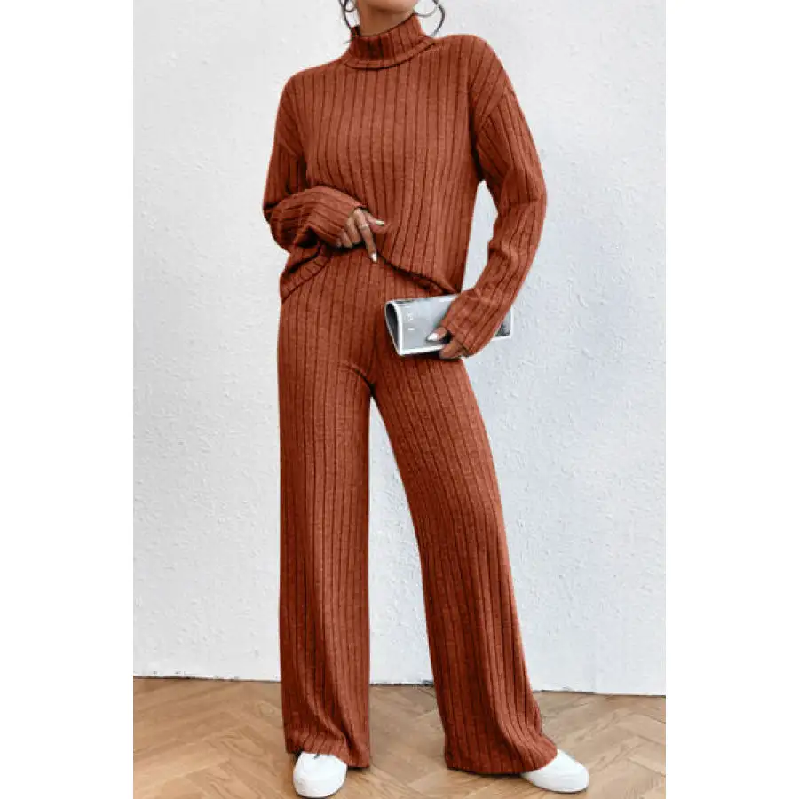 Mock Neck Dropped Shoulder Top and Pants Set