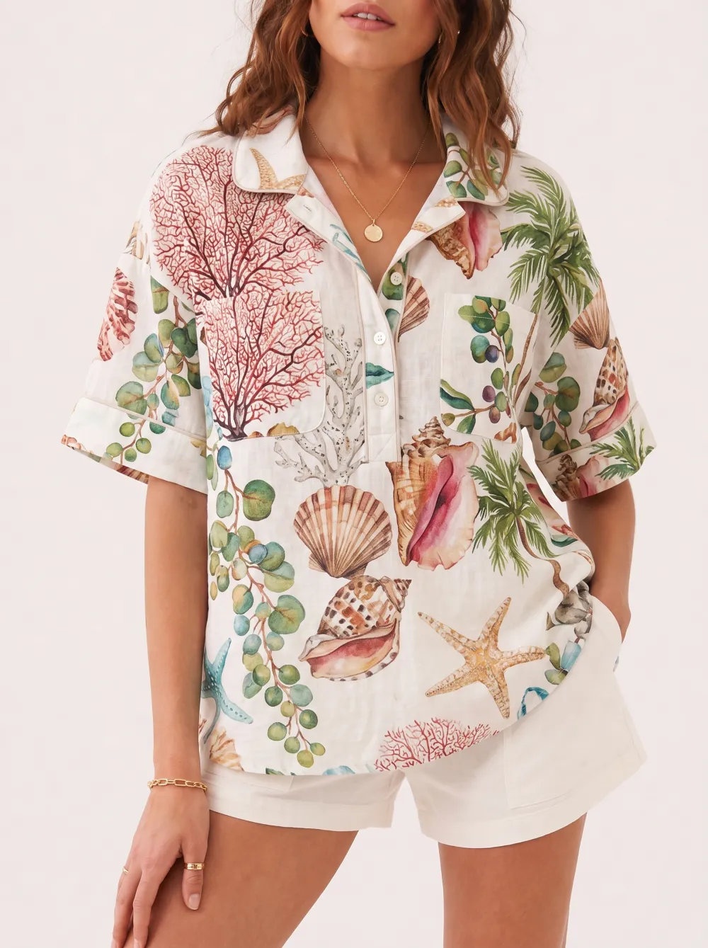 Women's Beach Lover Seashell Coral Printed Polo Shirt