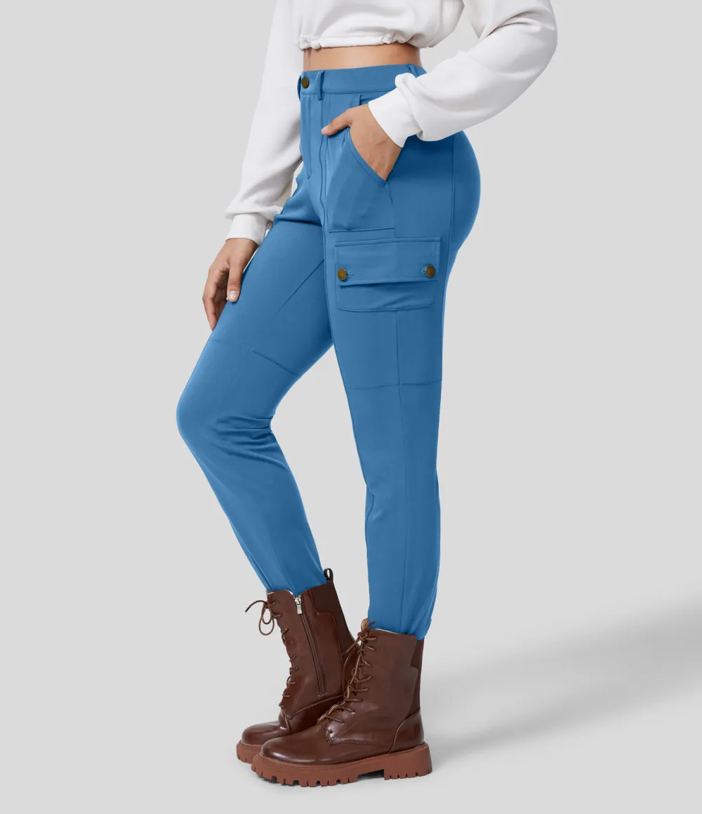 High Waisted Button Zipper Multiple Pockets Solid Skinny Cargo Pants