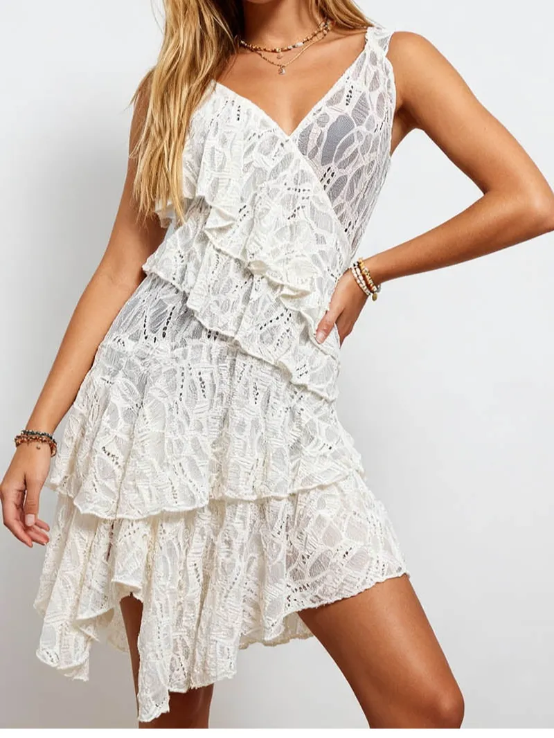 Sheer Lace Layered Ruffle V Neck Irregular Hem Mini Dress
