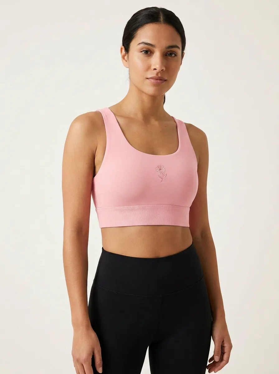 Women's Floral-Embroidered Scoop-Neck Ribbed Sports Bra