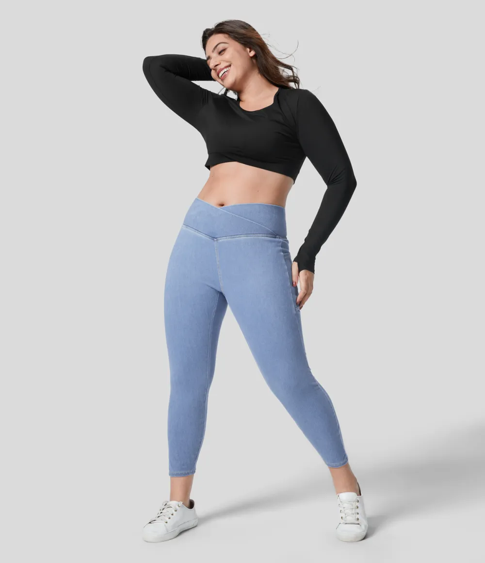 Magic Crossover Side Pocket Washed Stretchy Knit Denim Work Plus Size Leggings