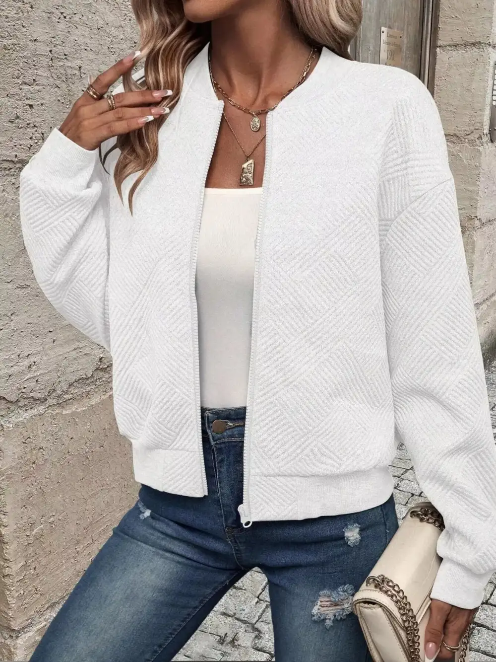 Texture Zip-up Bomber Jacket