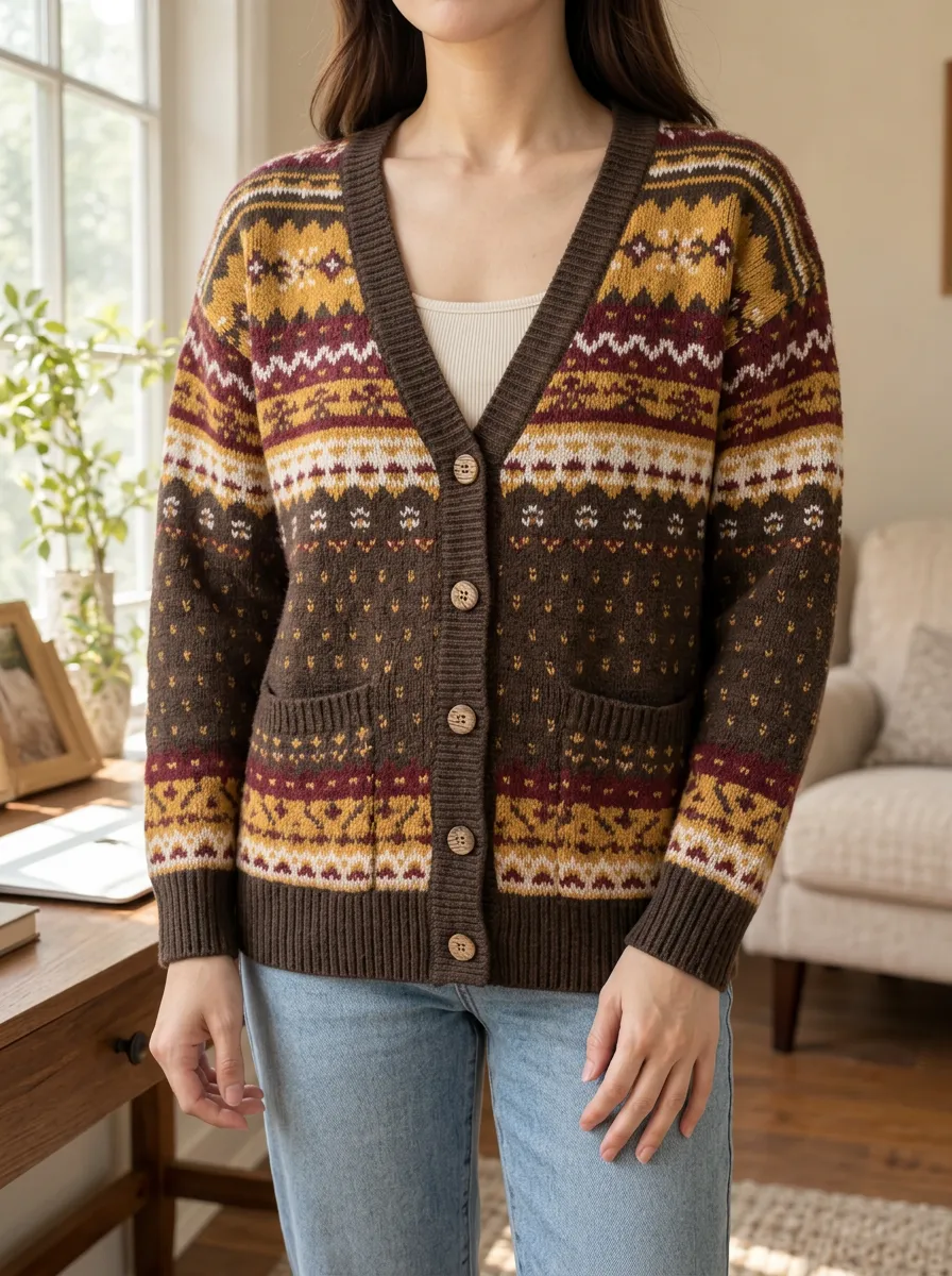 Women's Vintage Fair Isle Pattern Printed Ribbed Trim Modern Everyday Cardigan