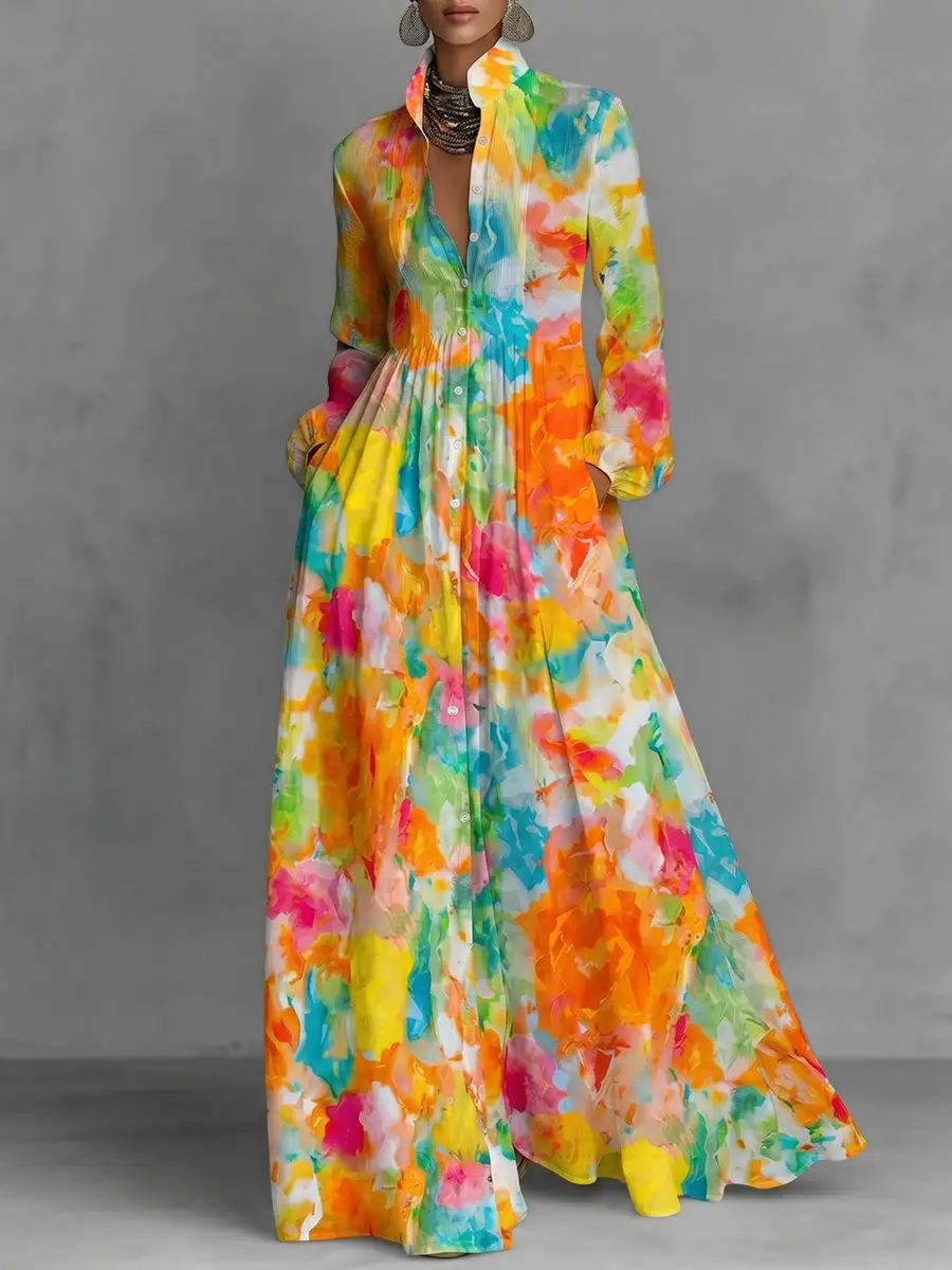 Sleeves Pleated Printed Buttoned Long Shirt Maxi Dress