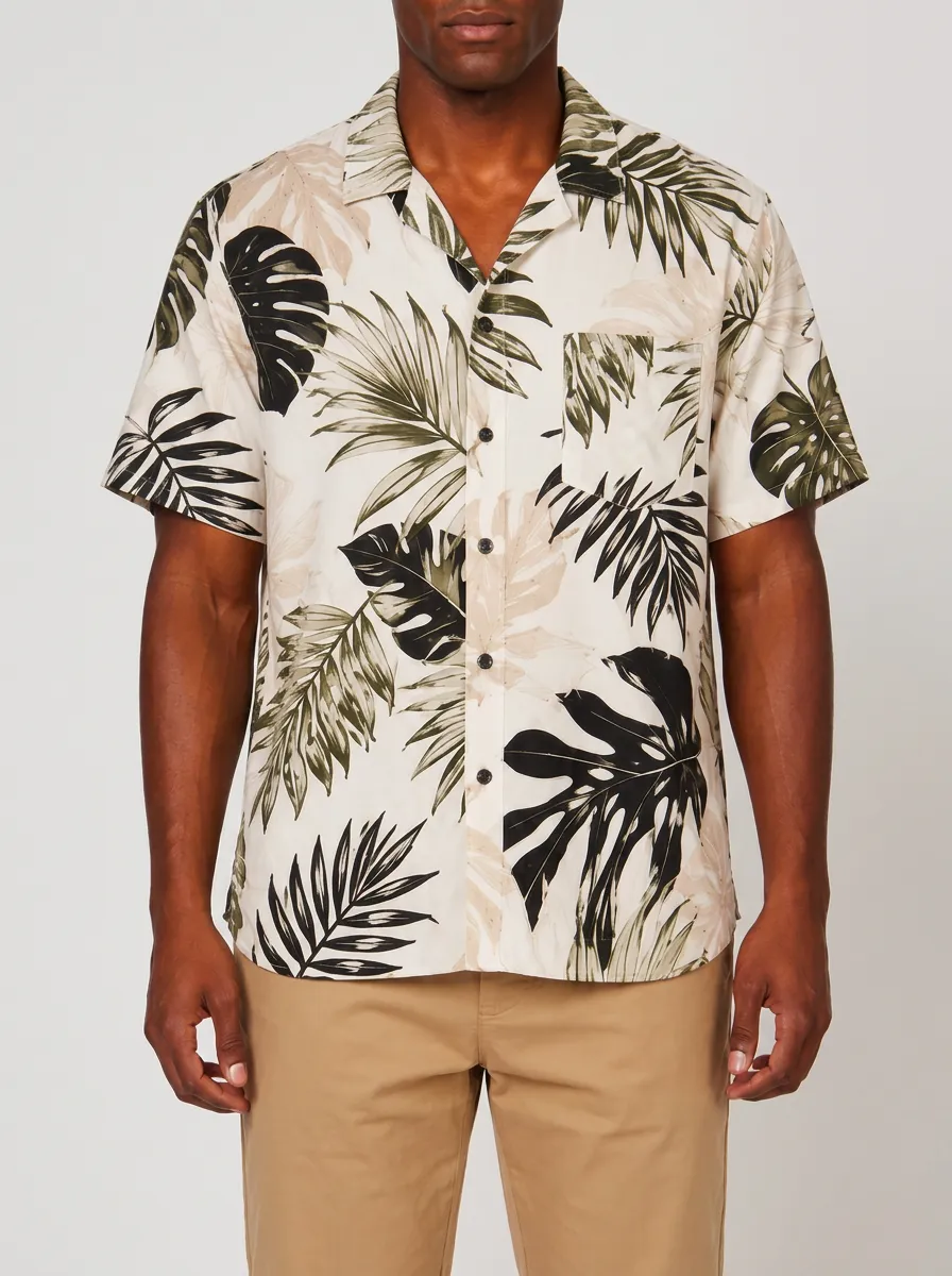 Men's Tropical Print Camp Collar Shirt with Relaxed fit through the torso