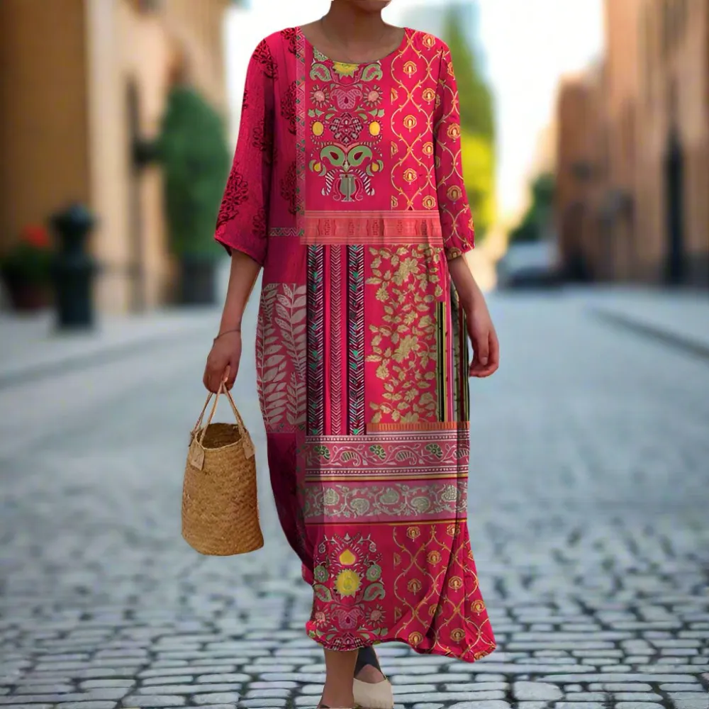  Flowy Ethnic Patchwork Print Maxi Dress