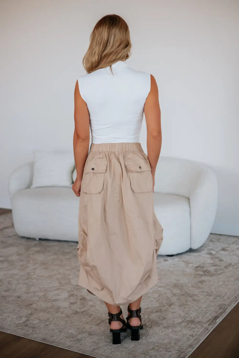 Cotton Drawstring Cargo Pocket Midi Skirt