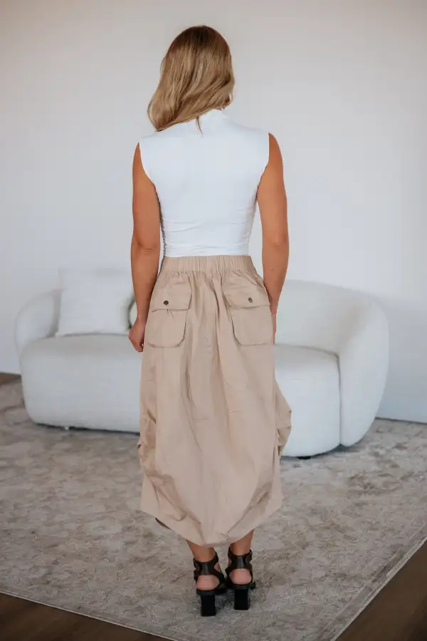 Cotton Drawstring Cargo Pocket Midi Skirt