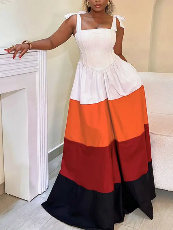High Tied Pleated Neck Maxi Dress