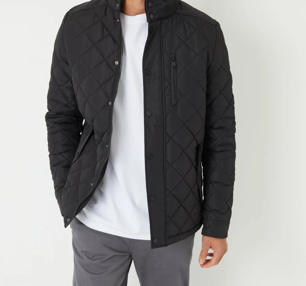 Men's Black Water-Resistant Diamond-Quilted Funnel-Neck Jacket