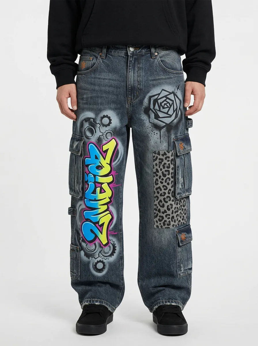 Men's Streetwear Graffiti Rose Leopard Graphic Cargo Jeans