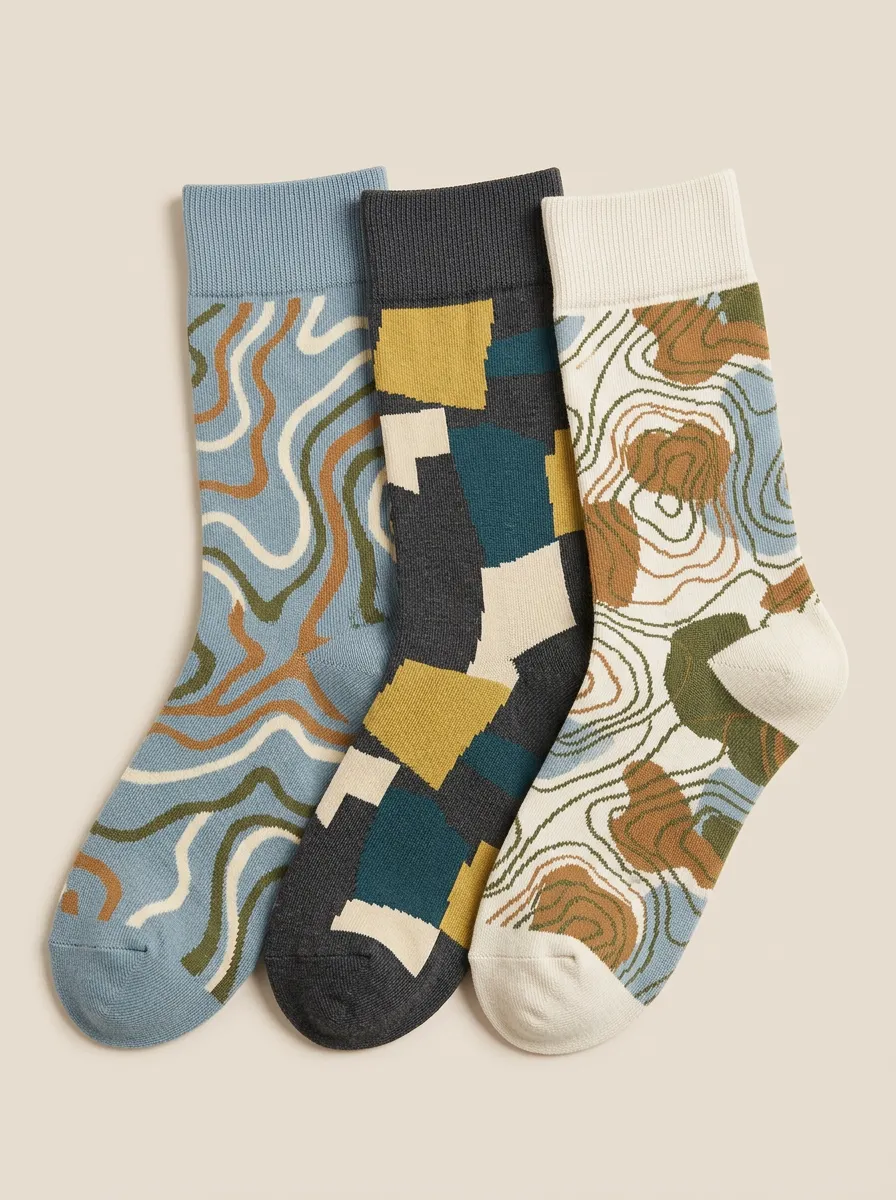 Men's Abstract Art Geometric Topographic Printed Three Pack Socks Modern Pattern