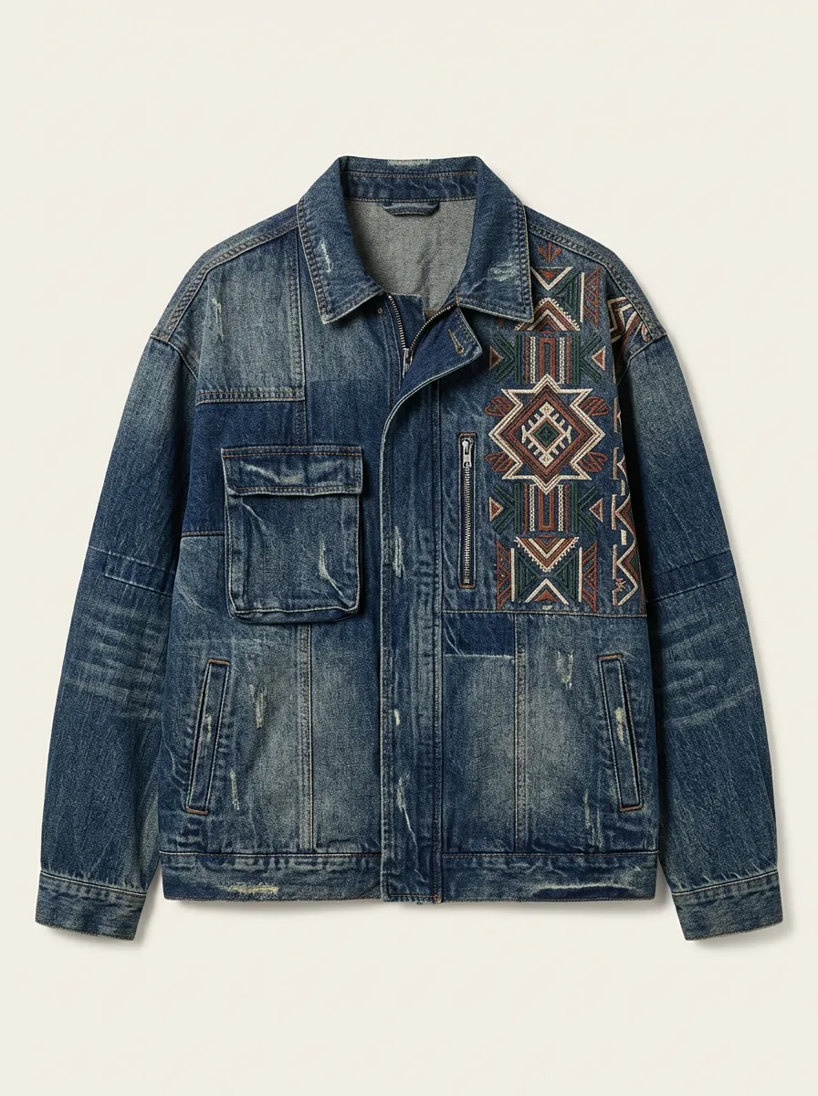 Men's Tribal Pattern Embroidered Distressed Denim Jacket