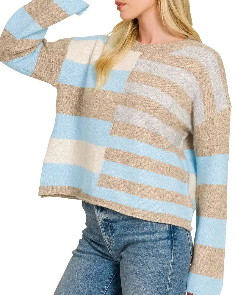 Lightweight Wool Blend Color Block Sweater